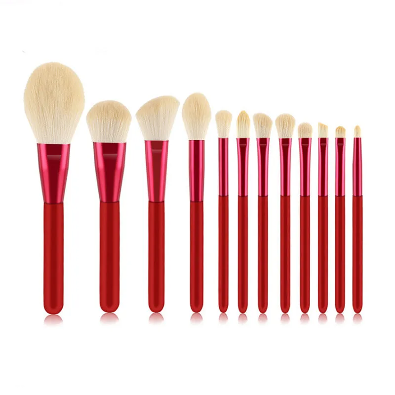 12 PCs Red Wooden Handle Makeup Brush Set Face Powder Beauty Tools