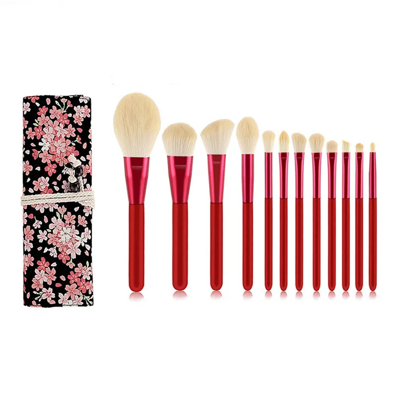 12 Red Wooden Handle Makeup Brushes Face Powder Beauty Makeup Tools