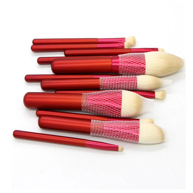 12 Red Wooden Handle Makeup Brushes Face Powder Beauty Makeup Tools