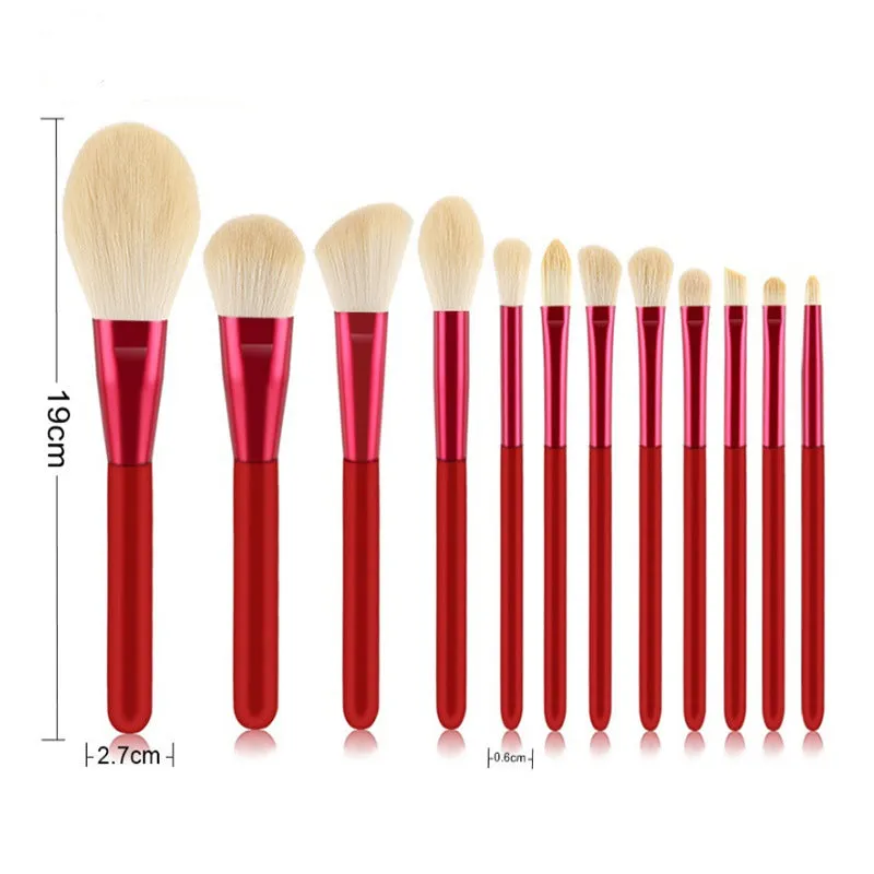 12 Red Wooden Handle Makeup Brushes Face Powder Beauty Makeup Tools